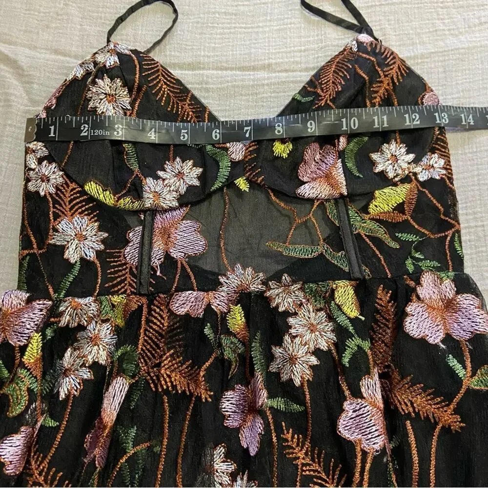 NWOT Lulus Radiant Fantasy Black Floral Embroidered Tulle Maxi Dress